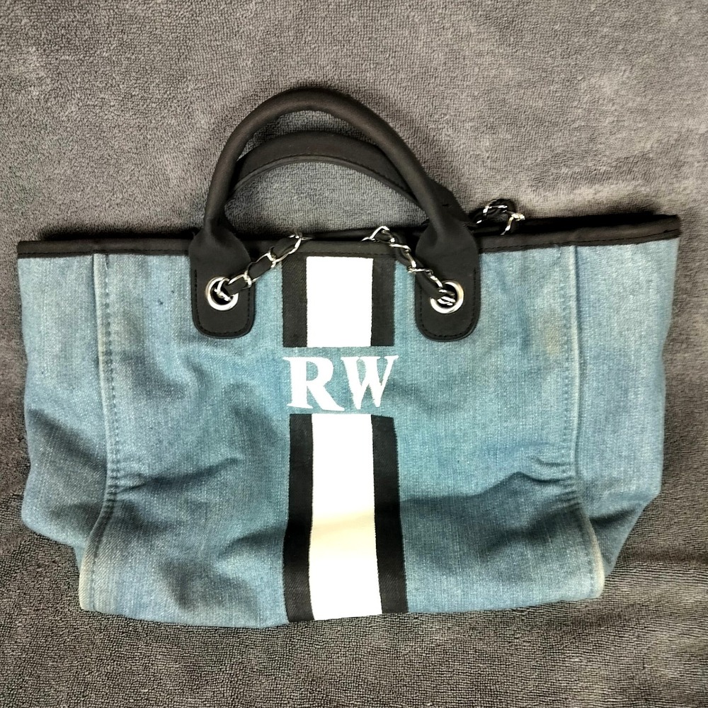 Slouchy‎ Y2K Denim Tote Bag With Racing Stripe & Blue Monogram Lily & Bean
